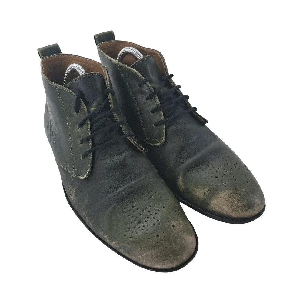 John Fluevog Boots Mens Size 9 Green Leather Distressed Chukka Ankle Boots